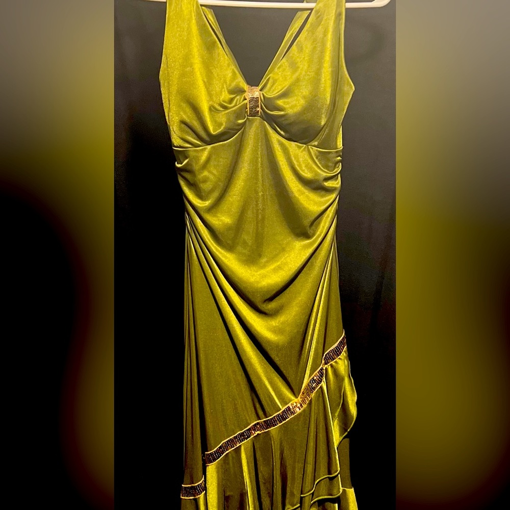Green 100%polyester gown with gold sequin accents.